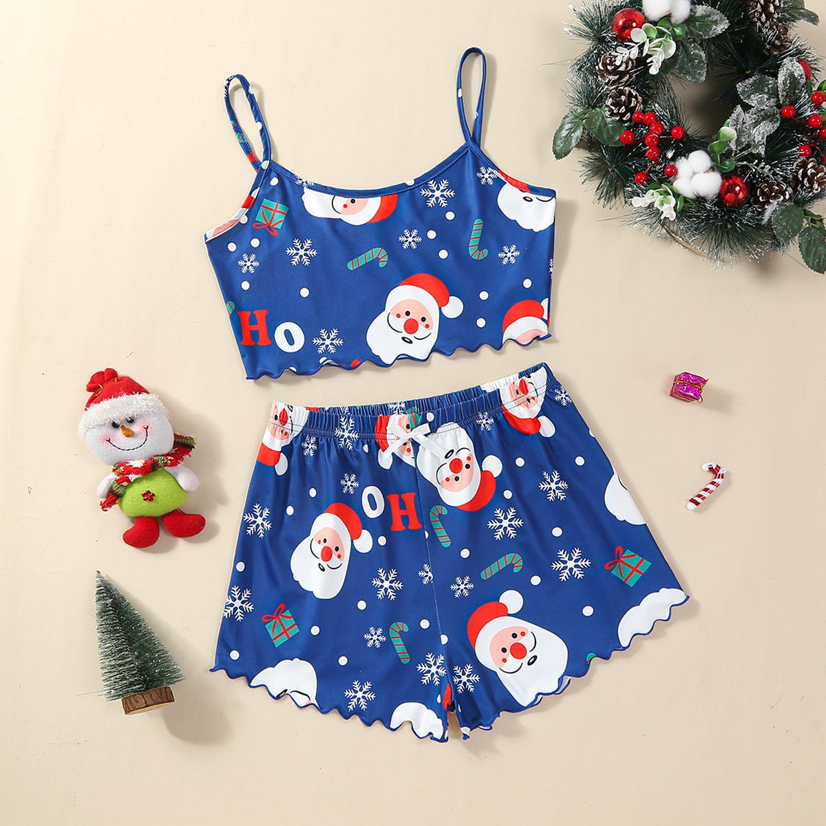 Christmas European And American Thin Pajamas Women's Sleeveless Shorts Milk Silk Simple Casual Two - piece Suit Homewear - silverfoxgoods